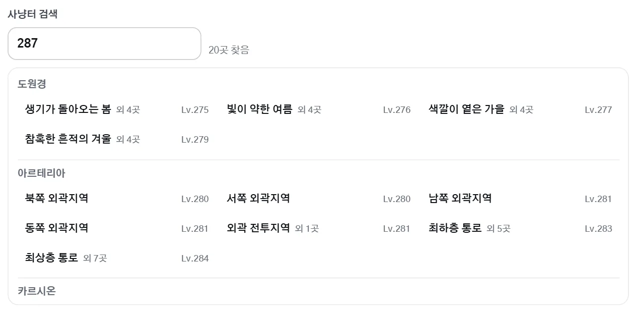 사냥터 검색창에 287을 넣어 맞는 사냥터만 남긴 목록